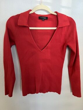 INTERMIX Orange/Red Ribbed V-Neck Sweater